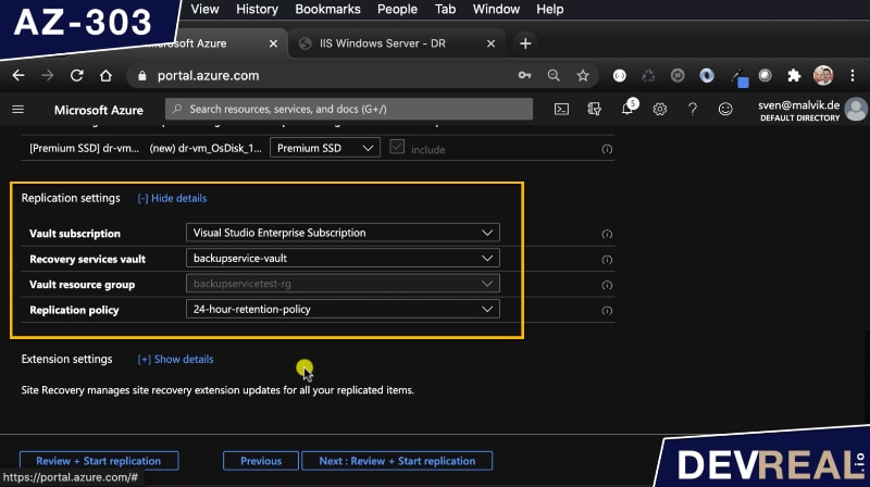 Replication Settings for Azure Site Recovery