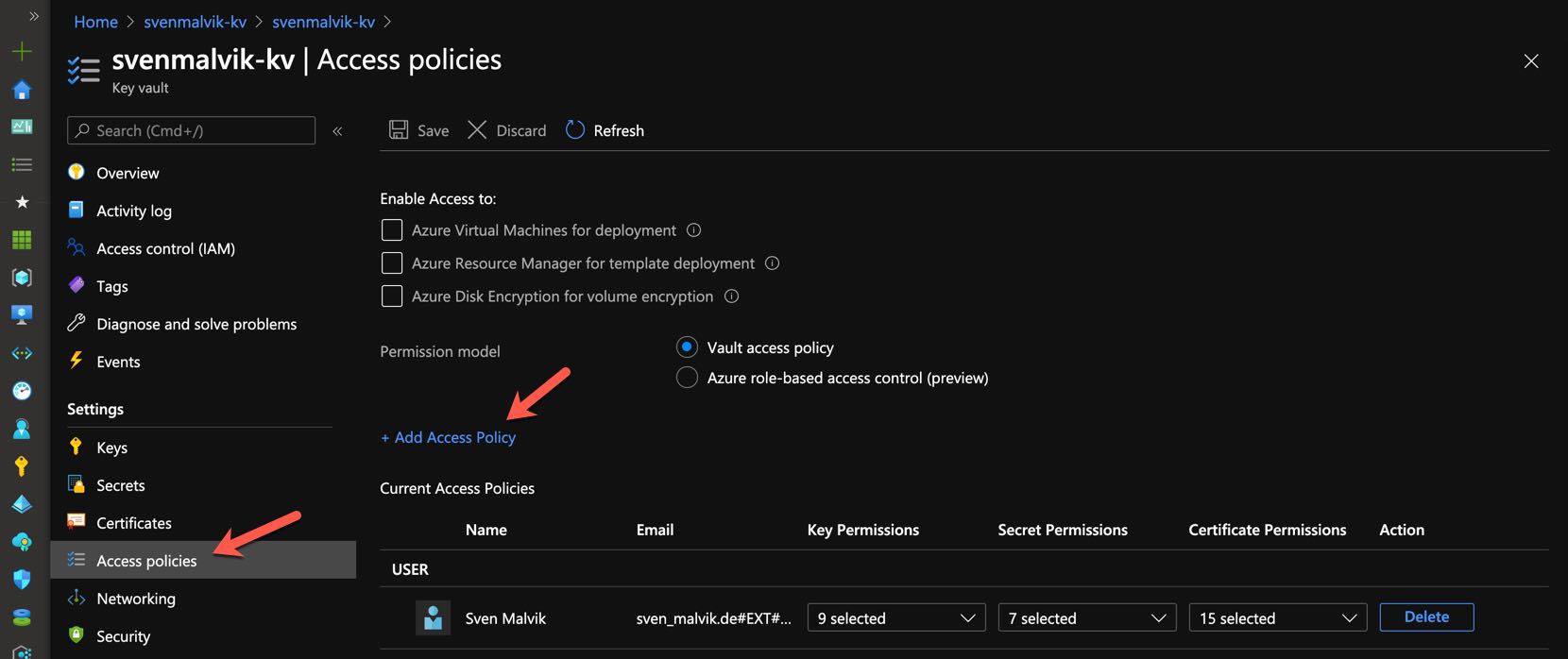 Add access policy in Azure Key Vault