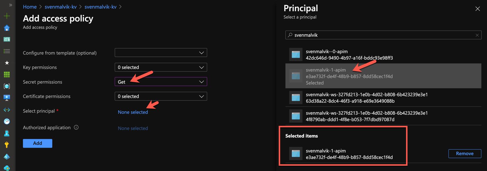 Configure access policy in Azure Key Vault