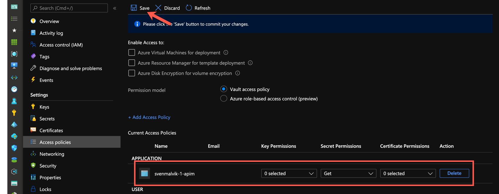 Save access policy in Azure Key Vault