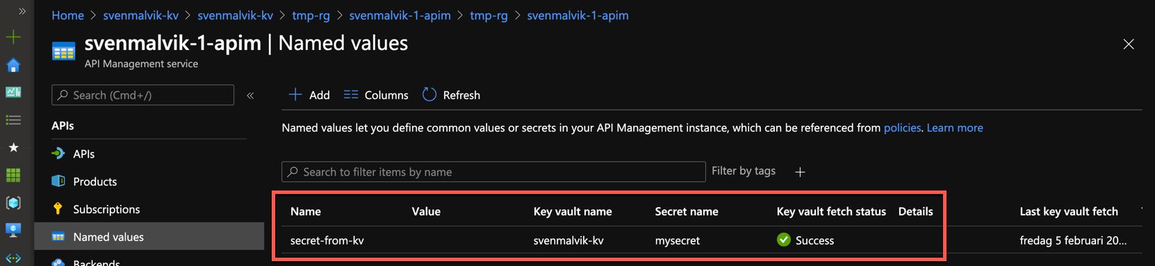 Referenced secret in apim named values