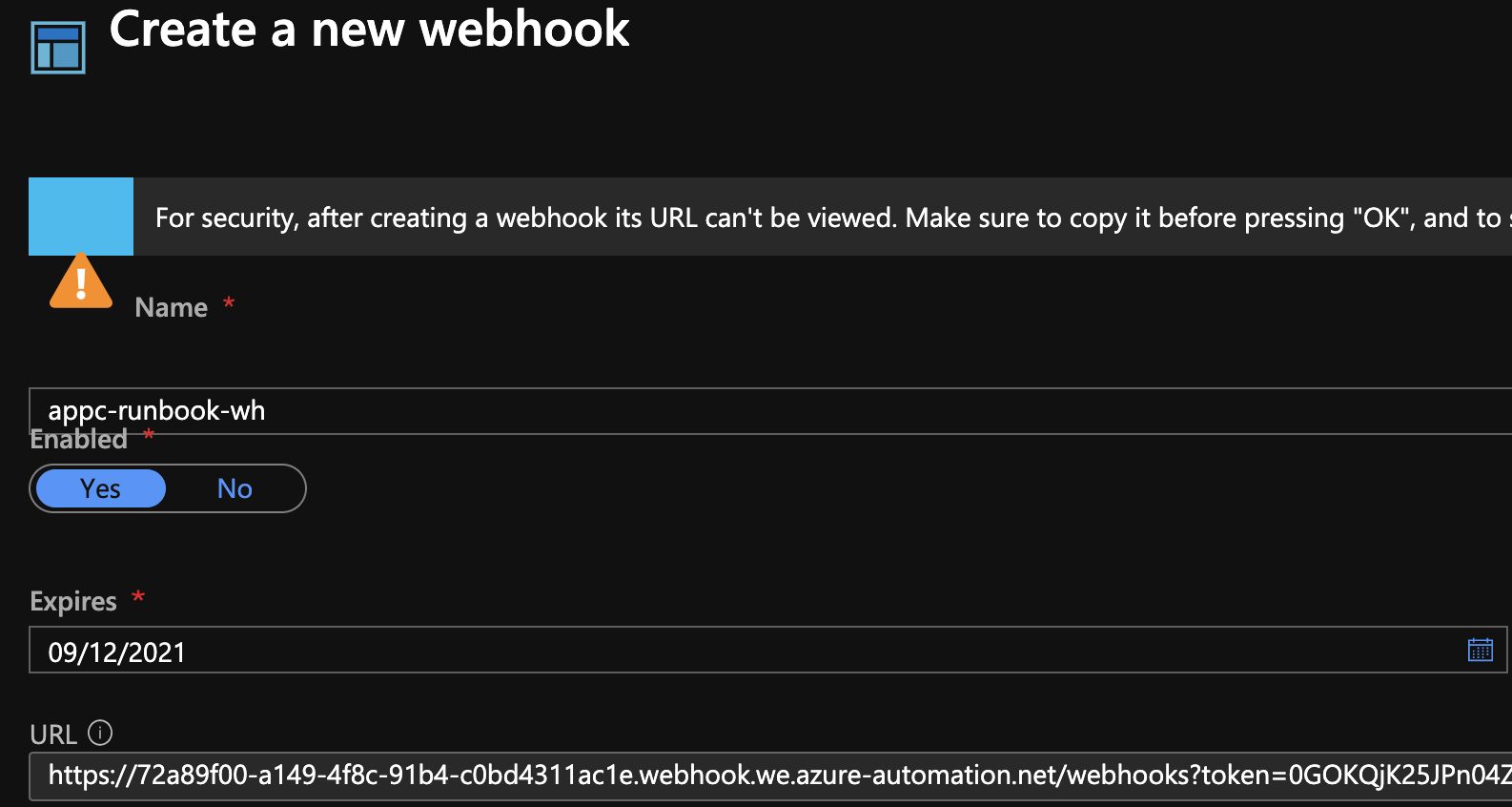 URL in Webhook in Runbook