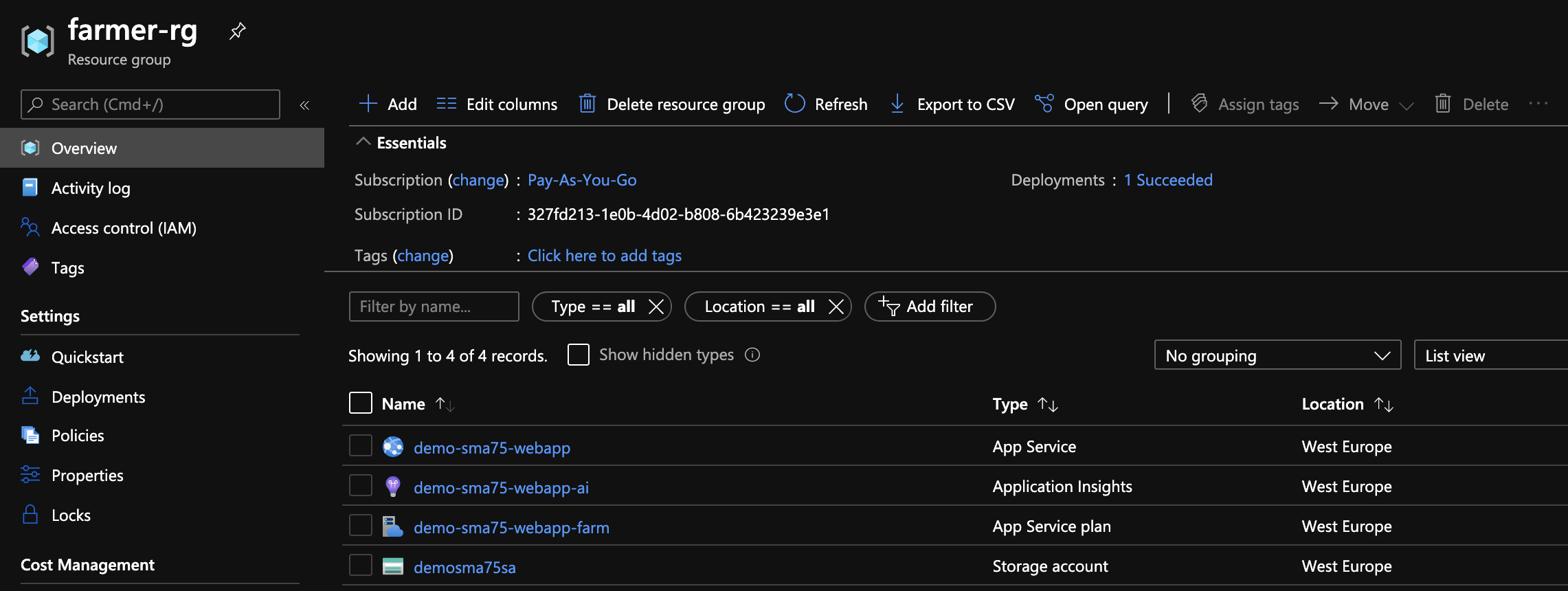 Created Azure resources with Farmer for default WebApp